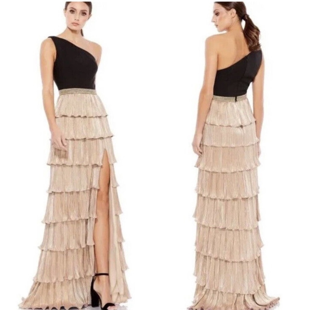 NWT Ieena For Mac Duggal One Shoulder Tiered Ruffle Gown Women’s Black Gold 8
